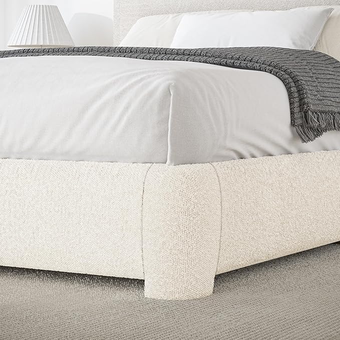 BarnFurin Queen Bed Frame with Headboard, Cloud Boucle Upholstered Platform Bed with Wood Slats, Soft Rounded Corners, No Box Spring Required, Easy Assembly, Cream
