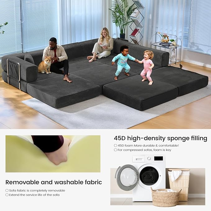 Folding Sofa Bed Convertable Corduroy Couch King Size Floor Sleeper 4-in-1 DIY Combination Modular Sofa Fold Out Futon Lounge Comfy Foldable Lazy cama for Living Room (Black)