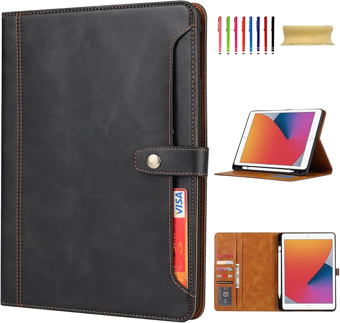 Flip Case for Apple iPad 10.2 9th 8th 7th Generation 2021/2020/2019 Pencil Holder Smart Cover Auto Sleep Wake Protective Documents Pocket Stand Snap Closure Case for iPad 10.2 Inch Black