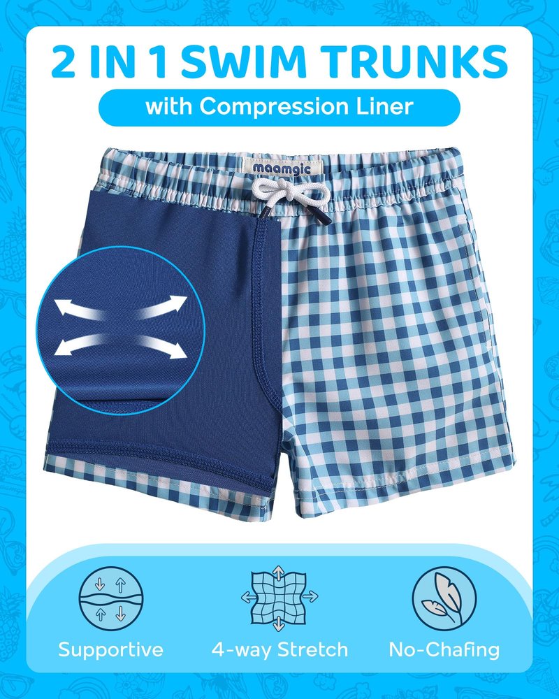 maamgic Boys Swim Trunks with Compression Liner Toddler Boy Swimsuit Quick Dry 4-Way Stretch Swimming Trunks Check Blue 7 Years