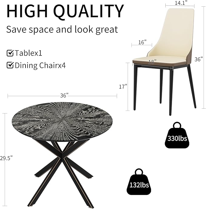 VFK 5-Pieces Dining Table Set for 4,36 inch Small Kitchen Table and Chairs Set Modern Metal Cross Base Dinner Table with 4 Cushioned Seat Round Coffee Table for Kitchen and Living Room