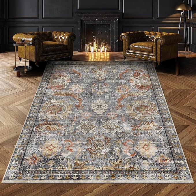 RUGSURE Washable Area Rugs - Perfect for Living Room, Bedroom, Kids Room, Nursery - Stain & Water Resistant Non-Slip, Pet & Child Friendly, Vintage Tribal Area Rugs (Turmeric and Grey, 8' x 10')