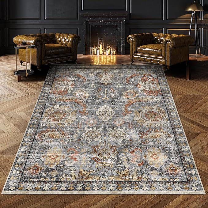 RUGSURE Washable Area Rugs - Perfect for Living Room, Bedroom, Kids Room, Nursery - Stain & Water Resistant Non-Slip, Pet & Child Friendly, Vintage Tribal Area Rugs (Turmeric and Grey, 3' x 5 ')