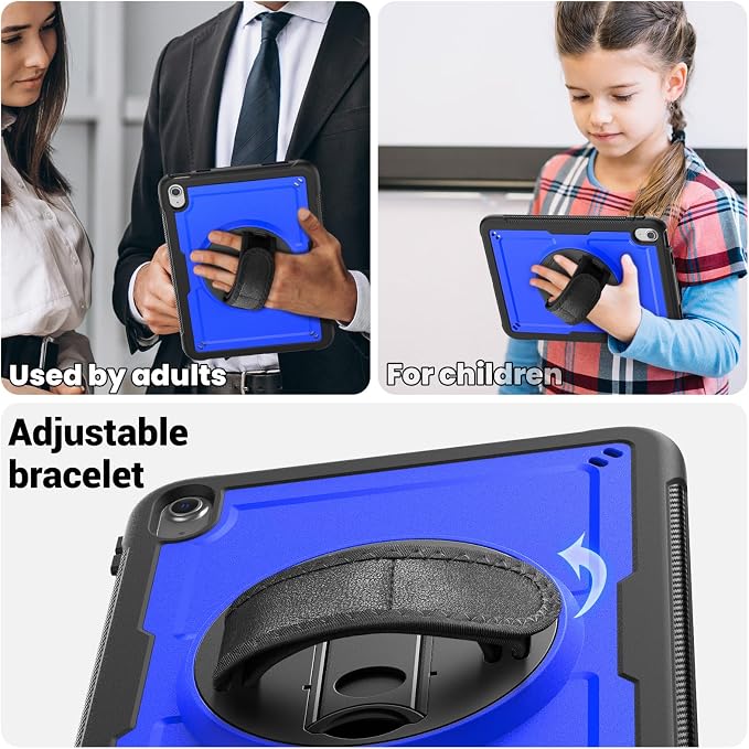 Case for iPad (A16) 11th Generation 11 inch 2025 Lightweight Rugged Dual-Material Design 360° Rotating Adjustable Leather Hand Strap Foldable Kickstand Durable with Full ProtectionBlue