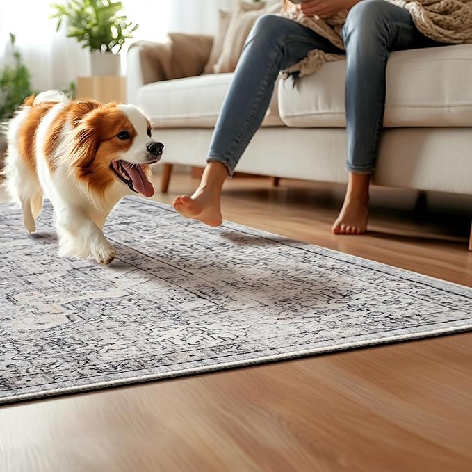 8x10 Area Rugs for Living Room Washable Non Slip Modern Large Rug Soft Faux Fur Low Pile Stain Resistant Vintage Euro Floral Boho Design Big Carpet Rug for Bedroom Dining Room Family Room,Neutral Grey