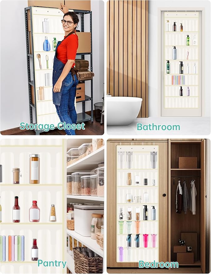NiHome 35 Pockets Door Hanging Organizer for Large Stanley 30oz 40oz Tumblers with Handles, Deep Clear Pockets with Handle Slots, Waterproof Oxford Fabric for Kitchen, Cabinet, Pantry, Closet (Beige)