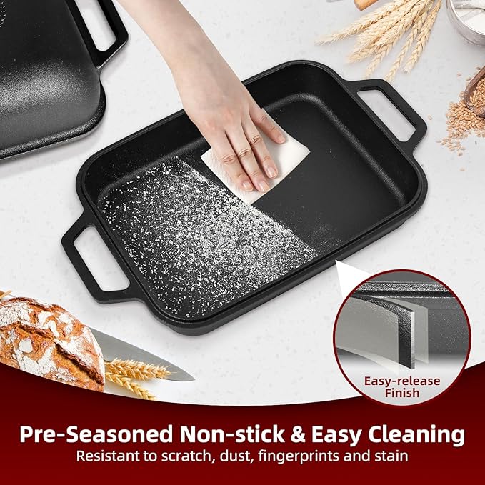 Davivy 9QT Large Dutch Oven for Sourdough Bread with Silicone Baking Mat, 12.3" x 9.2", Non-stick Cast Iron Sourdough Loaf Pan, Cast Iron Sourdough Baking Pan Large Capacity, Matte Black