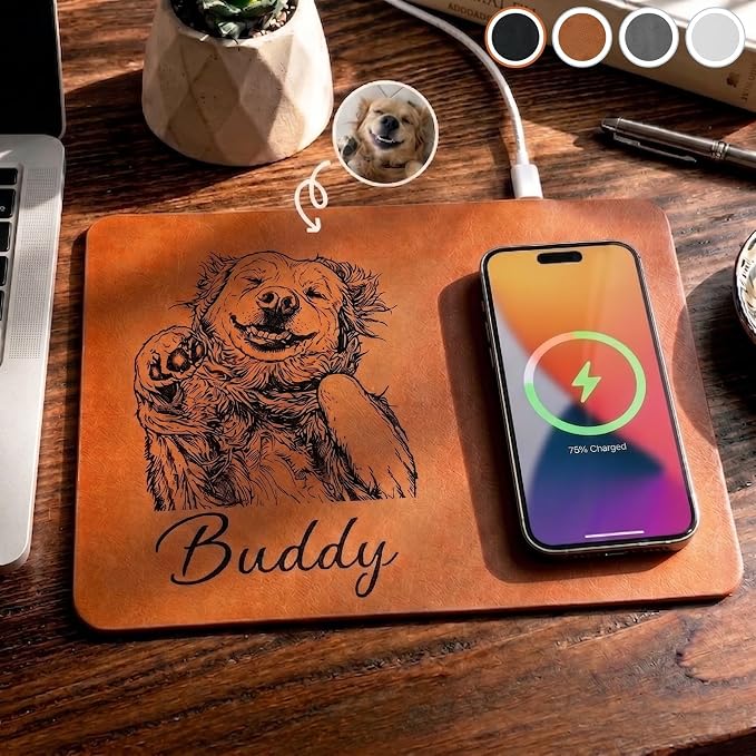 Custom Pet Portrait Sketch Line Art Present for Pet Lovers - Personalized Charging Pad Personalized Pet Memorial Accessory Custom Desk Tech Present for Dog and Cat Owners