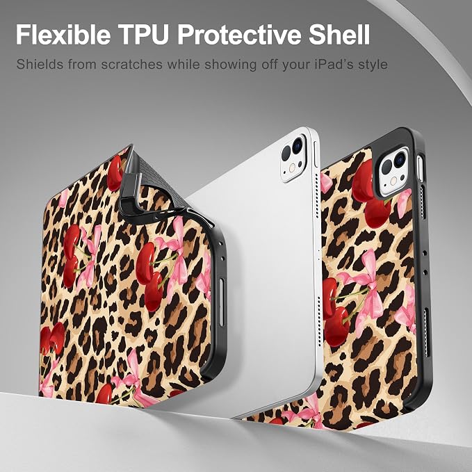 May Chen for iPad Pro 13 Inch Case M5 2025 / M4 2024 Tablet Cases Trifold Stand + Pencil Holder + Auto Wake/Sleep + Soft TPU Protective Stand Back Cover Cherry &amp Cheetah