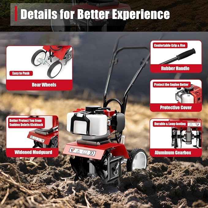 2HP Garden Tiller Cultivator 52CC 2 Stroke Gasoline Engine Mini Tiller Cultivator Rotary Hoe Rototiller Garden Yard Soil Tilling Machine