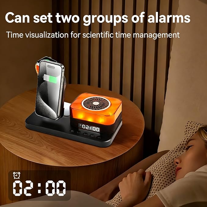 8-in-1 Desktop Charging Station with Bluetooth Speaker RGB Ambient Light Digital Clock Phone Stand Wireless Charger for Phone Watch and Earbuds Black/White (Black)