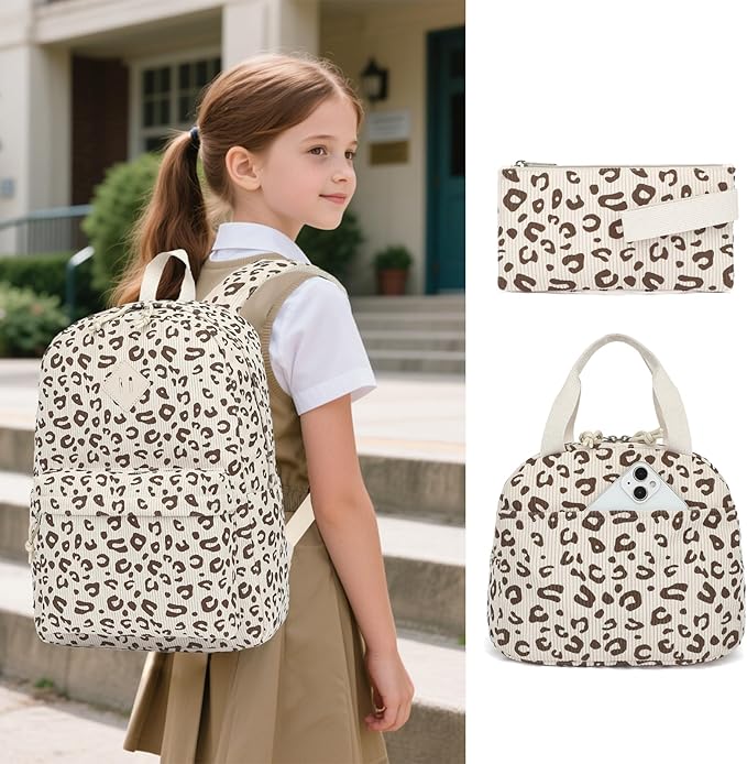 Corduroy Girls Backpack Set, 3PCS School Backpacks for Kids Elementary Middle School Bags with Lunch Box Pencil Case (Beige Corduroy Leopard)