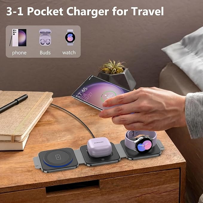 Travel Charger for Samsung Multi Devices Foldable 3 in 1 Wireless Charging Station Fast Charging Stand/Pad Compatible for Samsung Galaxy S26/S25/S24/S23/Note20 GalaxyWatch8/7/6 Galaxy Buds4