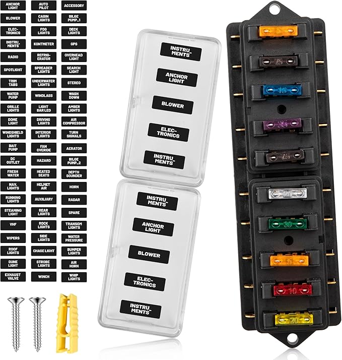 RED WOLF Car 10 Way Fuse Block Blade Fuse Box Standard Circuit Fuses Holder Fit Car Trailer Truck SUV Boat Marine Auto RV Power Distribution Panel Damp-Proof Cover DC 10-32V