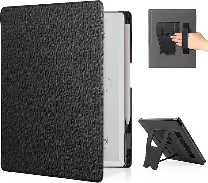 CoBak Stand Case for Remarkable 2 Paper Tablet 2020 10.3 with Hand Strap | Lightweight and Hard Back Shell Protective Book Folio Cover with 2 Kickstand Stand Angles and Pen Holder Features Black