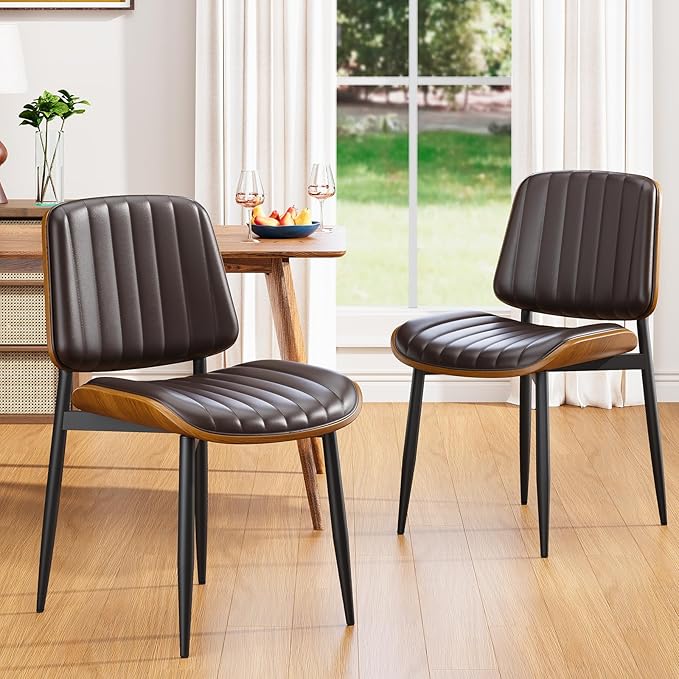 Dining Chairs Set of 8, Mid Century Modern Dining Room Kitchen Chairs, Upholstered PU Leather Vertical Stripe Chairs for Vanity with Walnut Bentwood and Metal Legs, Brown