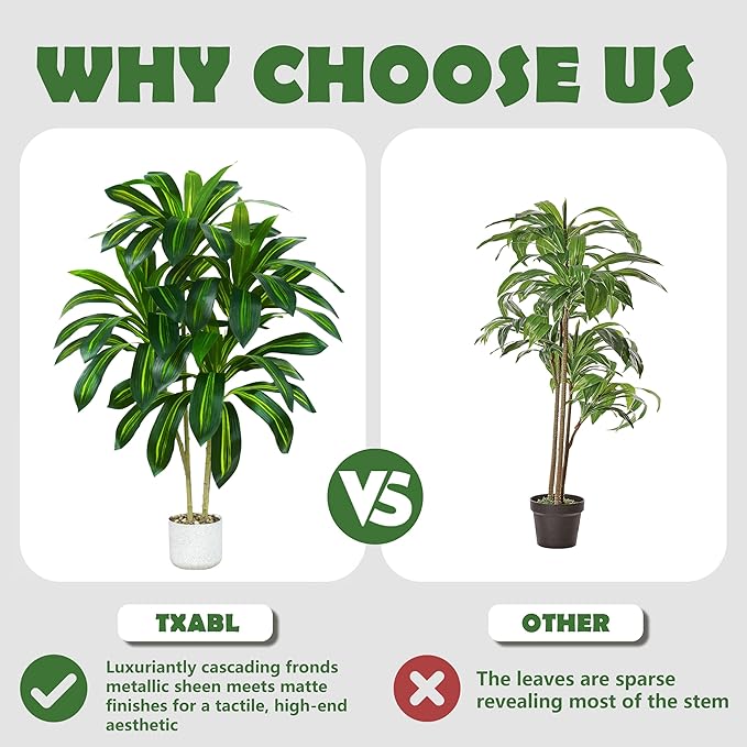 Artificial Dracaena Plant 4FT Tall - Fake Tree with White Planter - Faux Yucca Tall Fake Floor Plant in Pot - Artificial Trees for Home Bedroom Office Indoor Living Room Decoration
