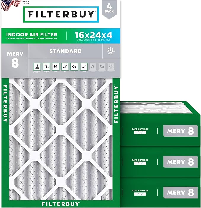 Filterbuy 16x24x4 Air Filter MERV 8 Essential Dust & Allergy Defense,