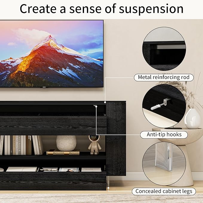 Vavkorkula TV Stand for 65 Inch with 2 Large Drawers & Hidden Storage Cabinets, Modern Farmhouse Entertainment Center Television Stands for Living Room Bedroom, Black