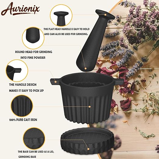 Aurionix Cast Iron Mortar and Pestle Set with Grater Plate, Brush and Spoon