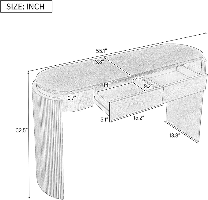 55.1" Entryway Narrow Console Table with Drawers, Oval Top & Fluted Legs, Natural Wood Grain Sofa Table for Hallway, Foyer, Behind Couch, Accent Table for Living Room, Solid Wood + MDF (Natural)
