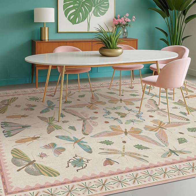 Floral Pink Rugs for Bedroom Girls 6x9 - Insect Print Cute Girly Rug for Living Room, Dining Room Under Kitchen Table, Washable Low Pile Vintage Bug Art Nouveau Home Decor