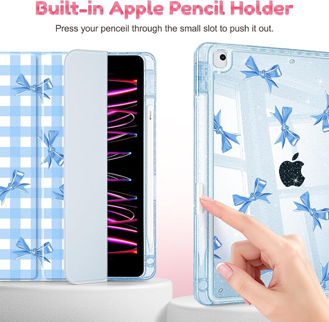 Mektron Sparkly Case for iPad 10.2 inch Glitter Tablet Cases for iPad 9th Gen 2021/8th Gen 2020/7th Gen 2019 Cover with Shiny Clear Back Shell Foldable Bling Smart Cover Blue Floral
