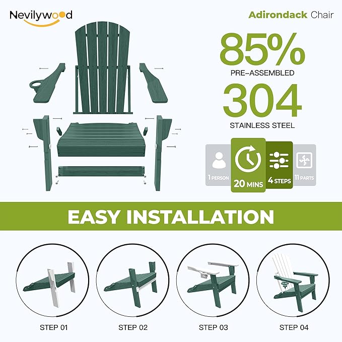 nevilywood Folding Adirondack Chair with Cup Holder Set of 4, HDPE Patio Chairs,All-Weather Outdoor Chairs for Backyard, Deck,Fire Pit-Green
