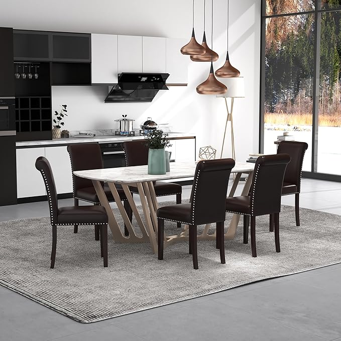 Westice Dining Room Chairs Set of 6 Upholstered PU Leather Kitchen Chairs Dining Room Side Chair with Nailhead Trim and Rubber Wood Legs for Small Space Apartment, Brown