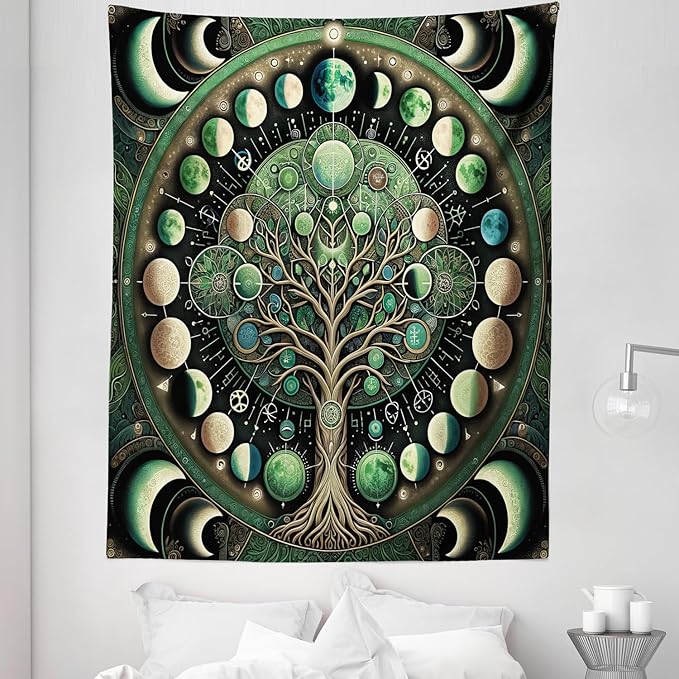 Ambesonne Green Tapestry Twin Size, Moon Phases Around a Tree of Life Enhance Night Boho Astrology Design Print, Wall Hanging Bedspread Bed Cover Wall Decor, 68" X 88", Black Ecru and Blue