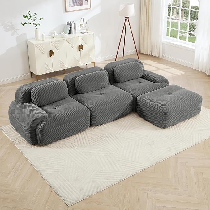 116" Modern Compressed Boneless Couch with Ottoman, 3 Seater Large L Shaped Sectional Couches for Living Room, Gray Corduroy Cloud Modular Sectional Sofa, Memory Foam, Extra Deep, No Assembly