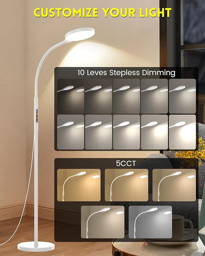 Light Therapy Lamp 11000 Lux, Full Spectrum LED UV-Free Sunlight Lamp with 10 Adjustable Brightness & 5 Color Temperatures, 3 in 1 Retractable Timer Control Therapy Floor Lamp, White