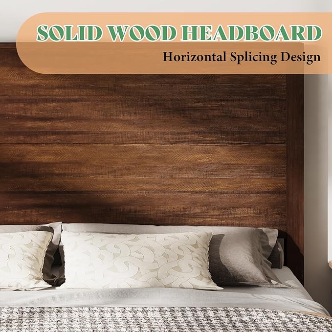 AMERLIFE 51.2" Full Size Wood Bed Frame, Rustic Platform Bed with Spliced Headboard, Wood Slats Support/No Box Spring Needed/Noiseless/Reclaimed Barnwood