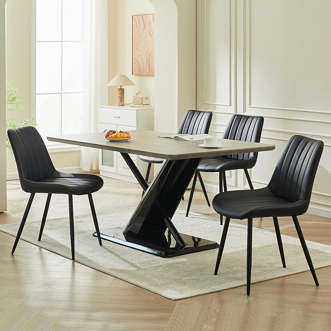 Dining Chairs Set of 4, Faux Leather Modern Linear Design Dining Chair with Metal Legs, 16.9" Seat Width Chair for Kitchen, Lounge, Reception Room, Restaurant, Commercial (Black)
