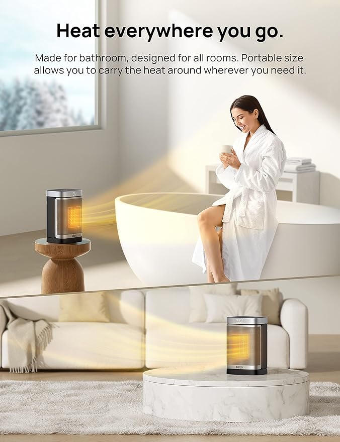DREO Space Heater for Bathroom and Indoor, Portable Heater, 1500W Safe and Quiet PTC Ceramic Heater, 41-95°F Digital Thermostat, 70°Oscillating, Remote, ALCI Safety Plug, 12h Timer, 5 Modes