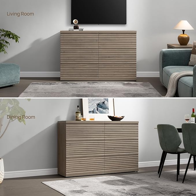 SICOTAS Sideboard Buffet Liquor Cabinet with Storage, Modern Fluted Credenza Coffee Bar Storage Cabinet with Larger Drawers, Mid Century Media Console Table for Living Room Kitchen Hallway (3 Pieces)