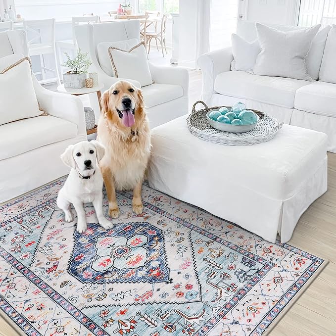 Lahome Boho Round Rug - 9Ft Washable Area Rug, Non-Slip Small Bathroom Rug, Lightweight Bedroom Throw, Oriental Distressed Print Carpet for Entryway, Sofa, Nursery, Kids Room