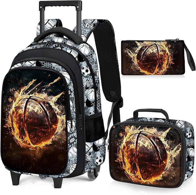 Basketball Rolling Backpack for Boys - 3PCS Boys Rolling Backpack with Lunch Box Set for Kids Children Teens Elementary Middle School,Sport Roller Bookbag with Wheels for Age 6-18