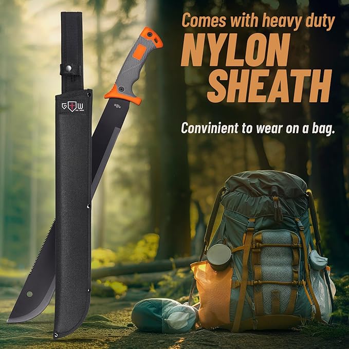 Machete with Saw 25" / 19" Heavy Duty Tool & Sheath - Ergonomic No-Slip Handle - Survival Knife with Serrated Blade - Machetes for Bushcraft Hunting Garden Cutting Trees and Yard Work
