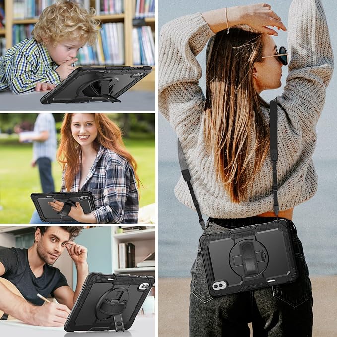 HXCASEAC Case for Samsung Galaxy Tab S10+ Plus / S9 Fe+ / S9+ 5G 12.4 inch Protective with Screen Protector/S Pen Holder/ 360 Rotating Stand Hand Strap - Black