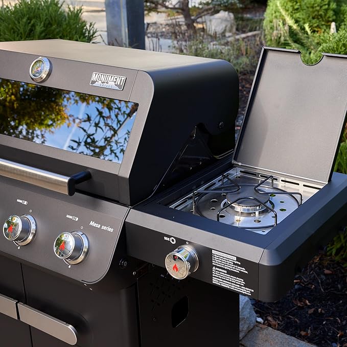 Monument Grills Outdoor Barbecue Stainless Steel 4 Burner Propane Gas Grill, 52,000 BTU Patio Garden Barbecue Grill with Side Burner and Knob Controls, Mesa425 with BBQ Cover