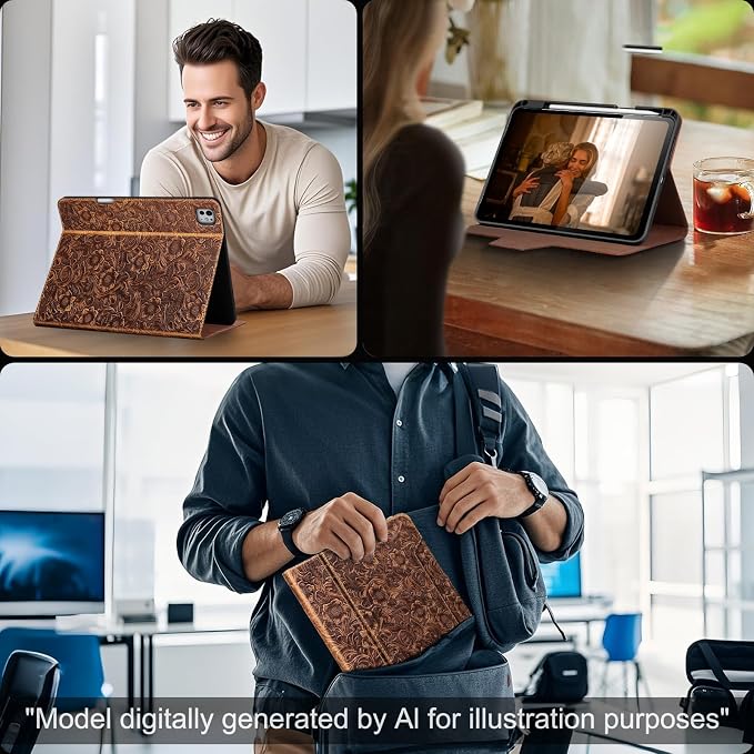 Gexmil Leather Case for iPad Pro 11 Inch M5/M4 2025/2024Crocodile Brown | Genuine Leather CoverPencil HolderMagnetic ClosureSmart Folio Auto Sleep/WakeProtectiveAdjustable Stand