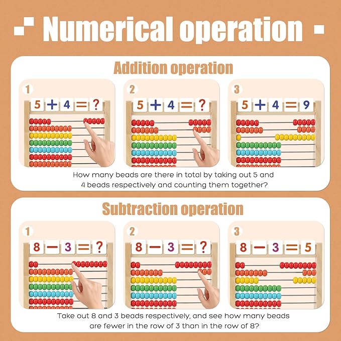 Wooden Abacus for Kids Math - 10-Row Counting Toy with 100 Beads, Number Cards & Counting Sticks, Educational Counters for Kids Math Gift for Age 3 4 5 6 7 Year Old Boy Girl