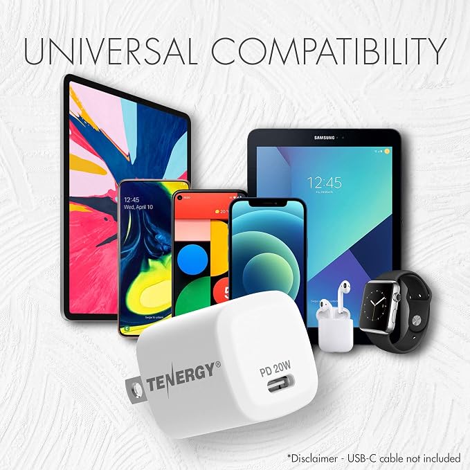 Tenergy USB-C Charger with PD 20W 2 Pack Fast Charging iPhone 12/12 Mini / 12 Pro / 12 Pro Max / 11 Galaxy Pixel 4/3 iPad Pro (Cable not Included)