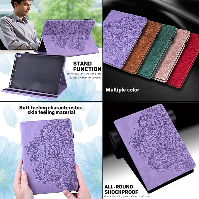 for Kindle Fire HD 8 Tablet (only Fits 10th Generation) &amp Fire HD 8 Plus 8 Case 2020 with Stand/Pencil Holder/Card Pocket/Elastic Band Embossed PU Leather Floral Cover Brown Peacock Flower