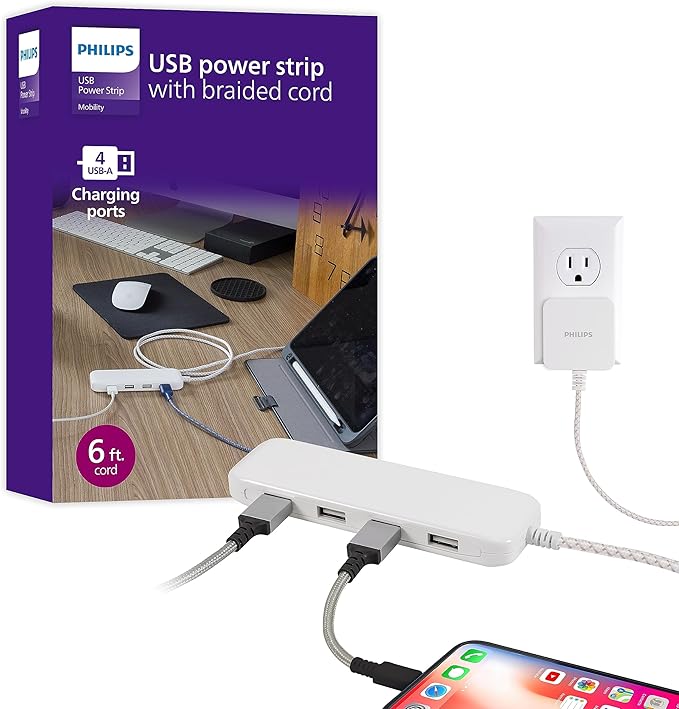 Philips 24W USB Extension Cord Power Strip Charging Station, for IPhone 11/Pro/Max/XS/XR/X/8, iPad Pro, Samsung Galaxy S10/S9/Plus, Google Pixel, USB-A, 6 ft. Braided Cord, DLK2506/27