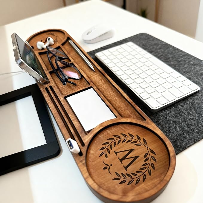 Ships Next Day Personalized Wood Desk Organizer Custom Phone &amp Tablet Stand Engraved Wood Office Accessory Custom Docking Station Custom Organizer Gift