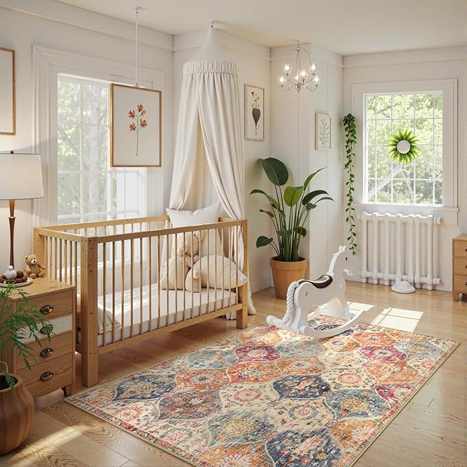 Lahome Moroccan Machine Washable Rugs for Living Room, 4x6 Rug for Bedroom Non-Slip Vintage Trellis Ultra-Thin Throw Carpet for Dining Room Office Nursery, Cream/Multi