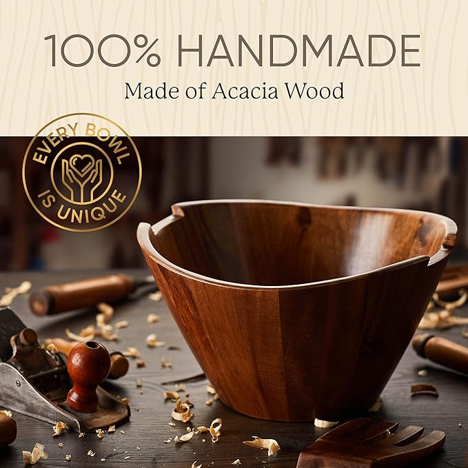 Night Tree Large wooden salad bowl with serving forks mixing, wood salad bowl set for food or fruits, magnetic utensils fit for 6–8 servings, ideal to family meals or as a unique gift