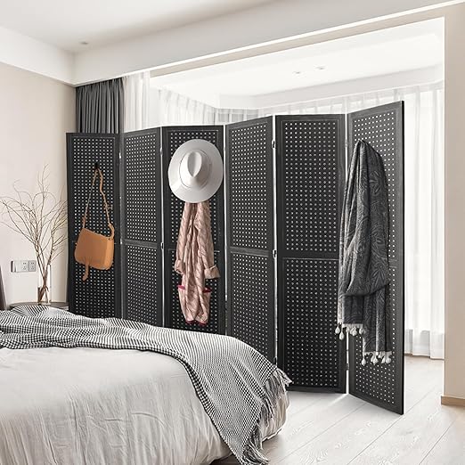 Babion 6 Panel Pegboard Display, Peg Board Room Divider Freestanding Folding Privacy Screens Display Stand for Craft Shows (Black)